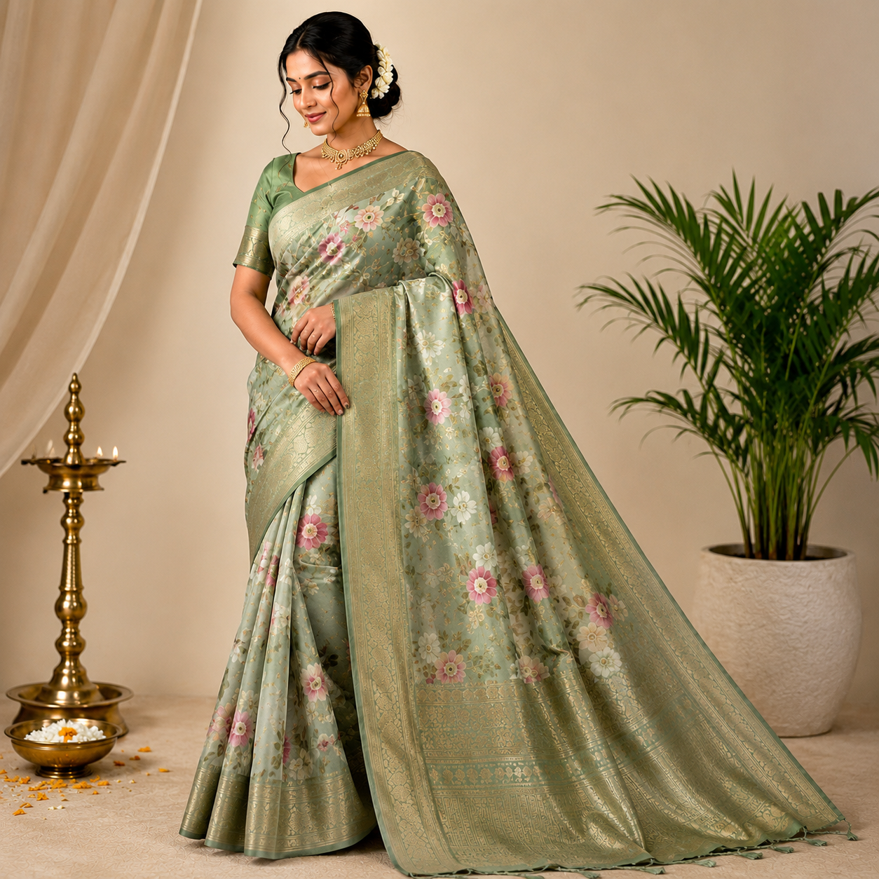 Aaradhya Zari Silk Blend Saree Lite Green