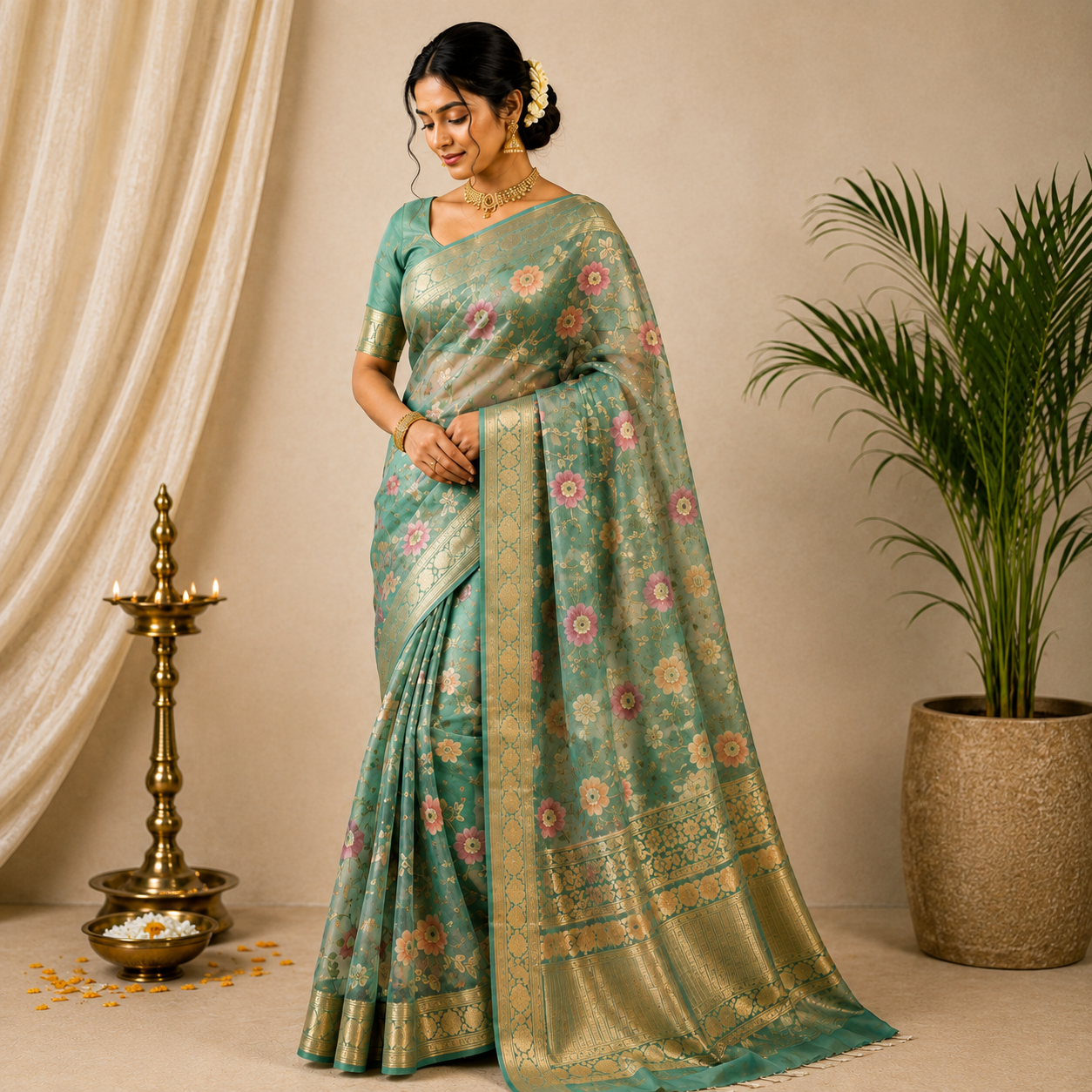Aaradhya Floral Zari Silk Blend Saree