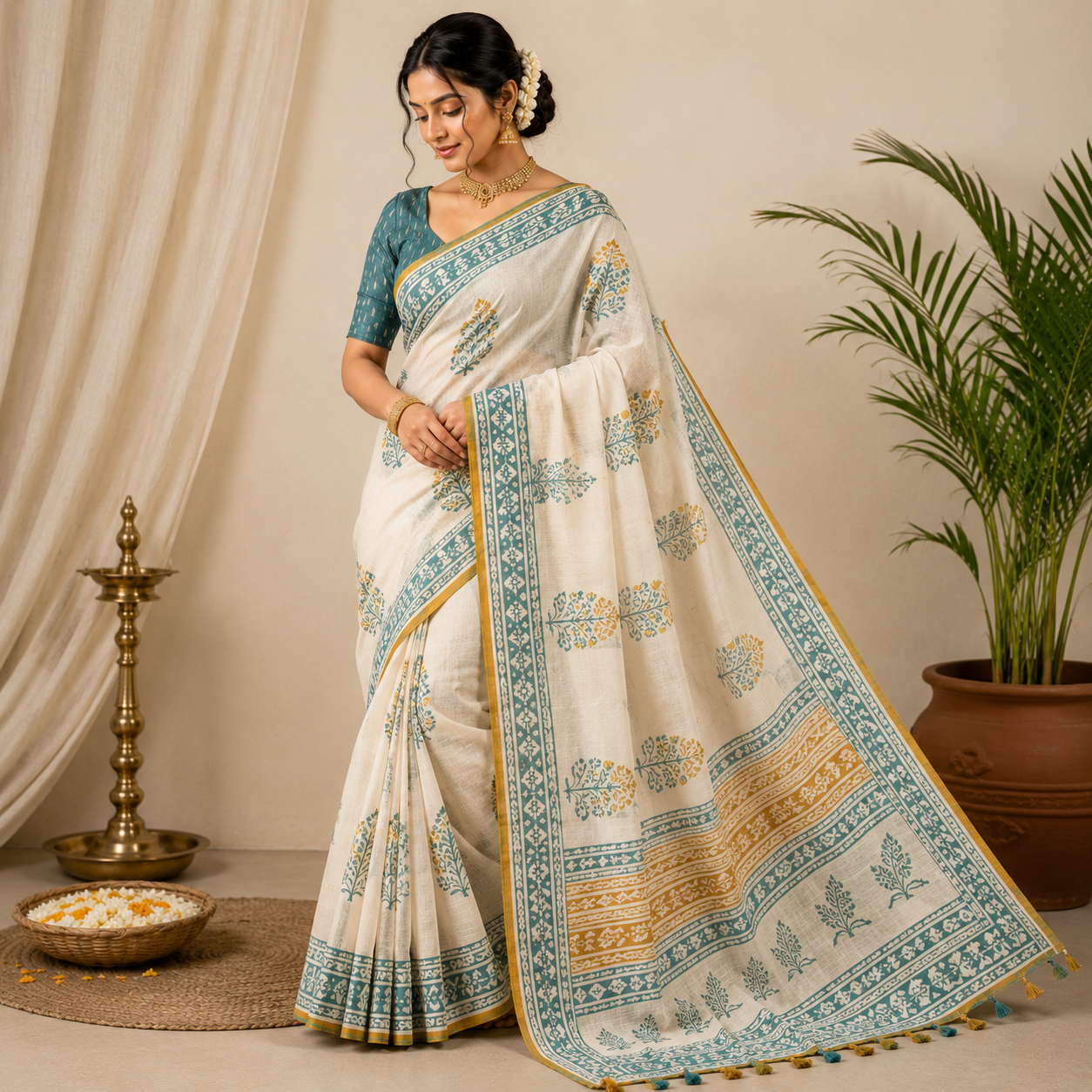 Ivory Teal & Mustard Handblock Cotton Saree