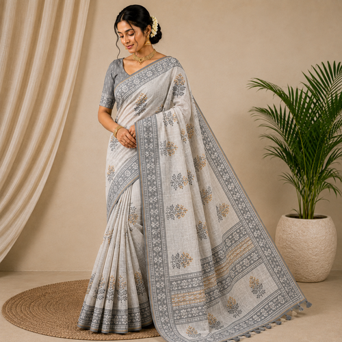 Ivory Teal & Mustard Handblock Cotton Saree