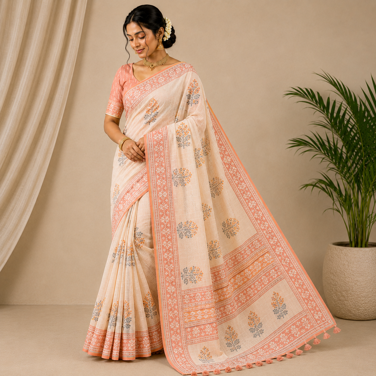 Ivory Teal & Mustard Handblock Cotton Saree